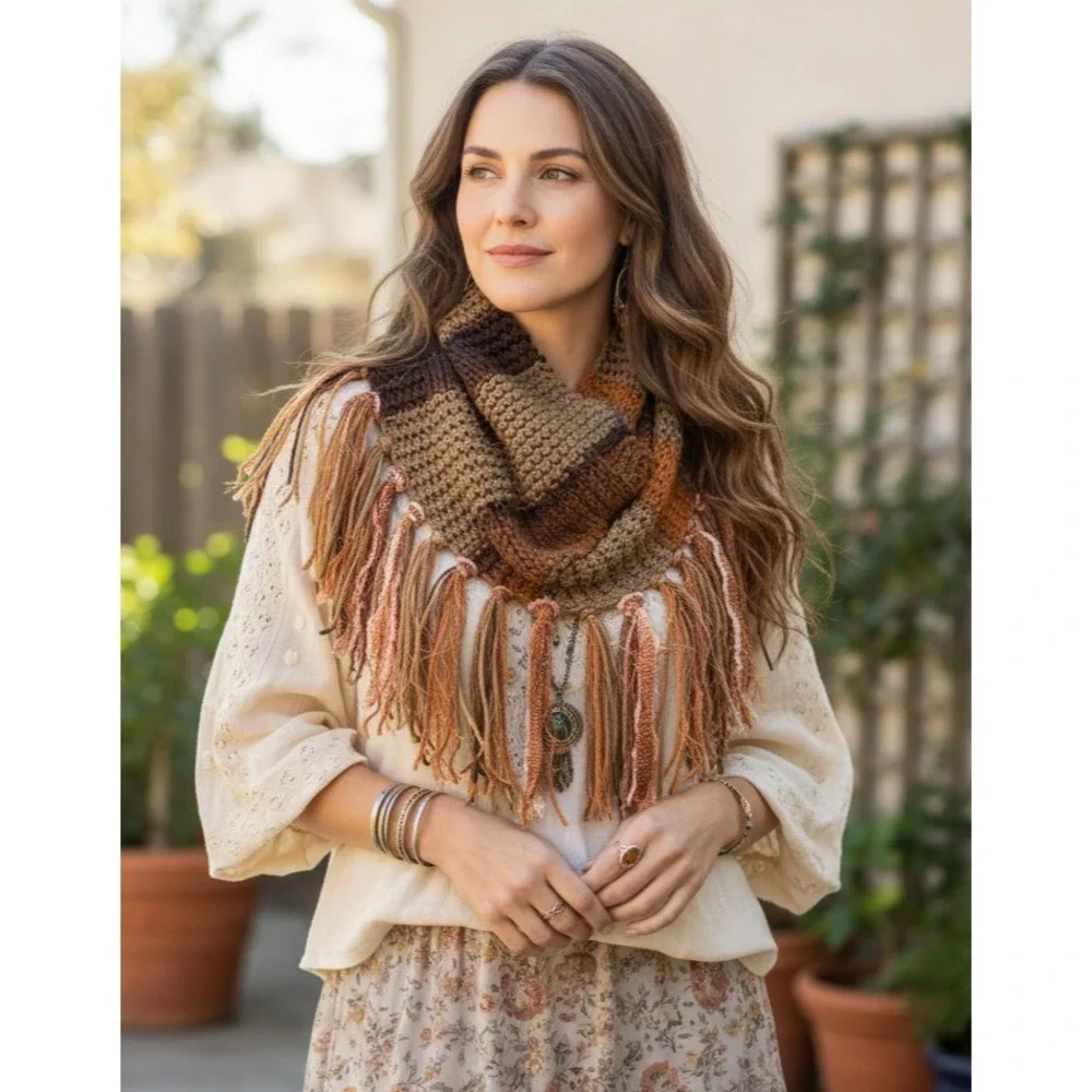 NEW Hand Knitted Boho Cowl Scarf Brown Orange Cottage‎ Cabin Artsy Indie Earthy